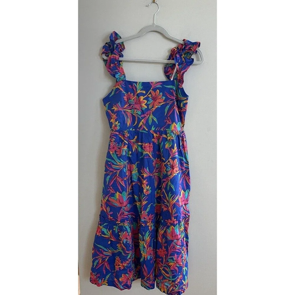 J Crew Women Midi Dress Blue Floral Cotton Preppy Boho Vacay Resort Size 4 NWT